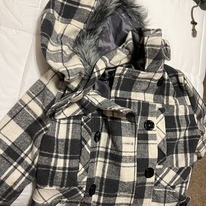 Pea coat jacket with fur hood